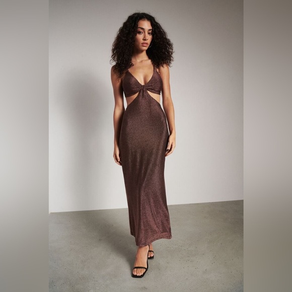 ⚡️2/$25⚡️ Dynamite Sparkly Bronze Brown Cut Out Dress | Size S | NWOT | Vacation - Picture 4 of 14